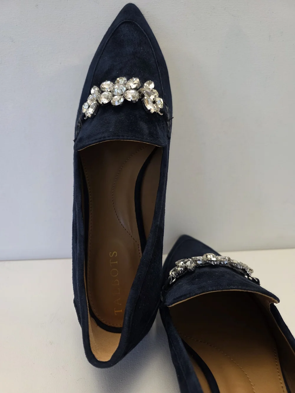 Talbots Navy Suede Pointed Toe Loafer with Crystal Brooch